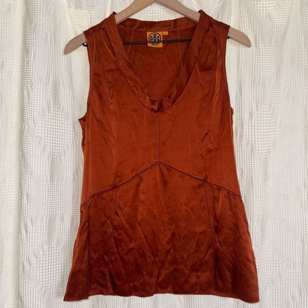 Flawed Tory Burch 100% Silk Blouse Rust Orange Sleeveless V-Neck Luxury Size 8